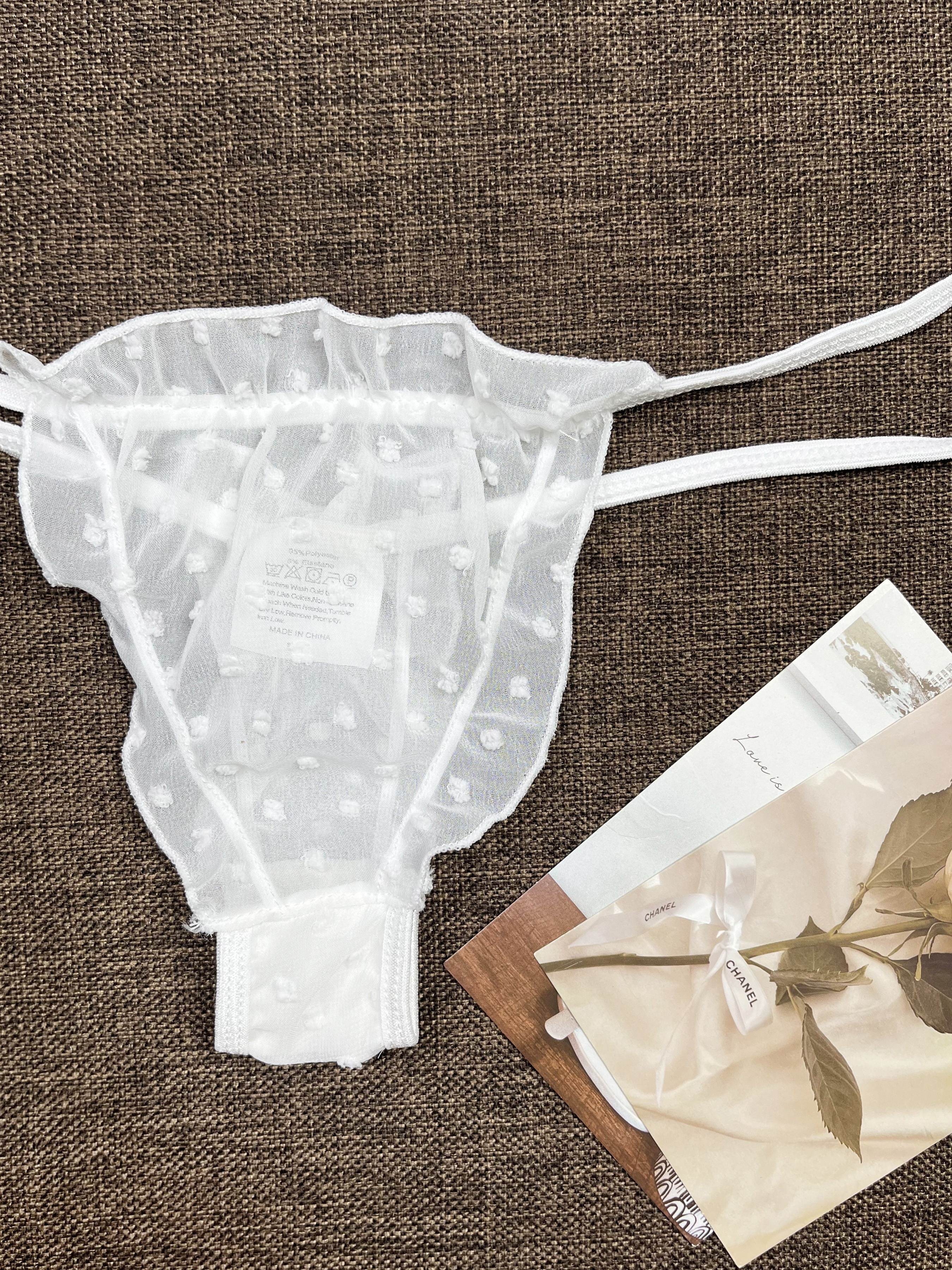 Women's Polka Dot Lingerie Set with Off-Shoulder Tie-Up Top and Thong in Breathable Mesh