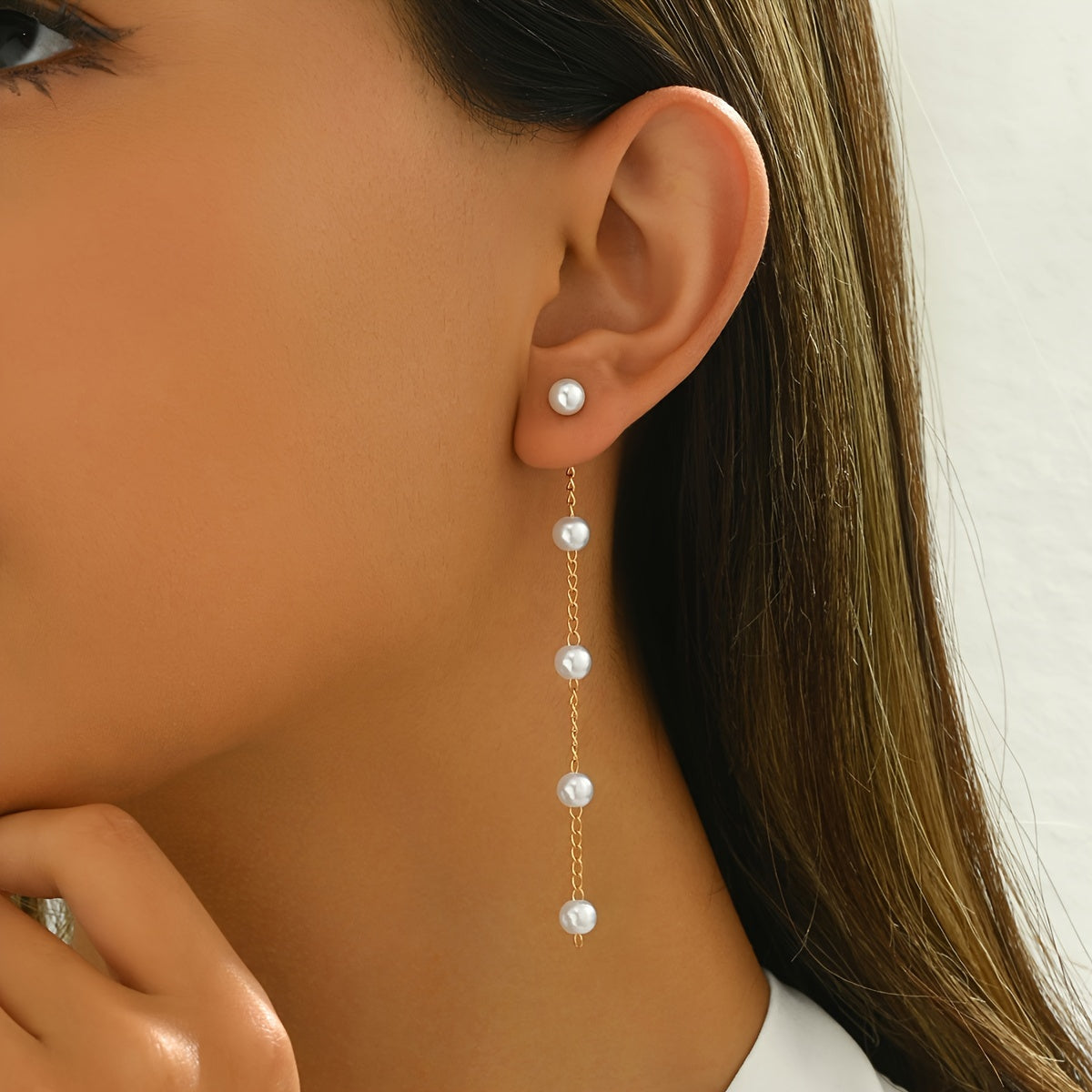 Women Faux Pearl Drop Earrings Long Dangle Tassel Jewelry