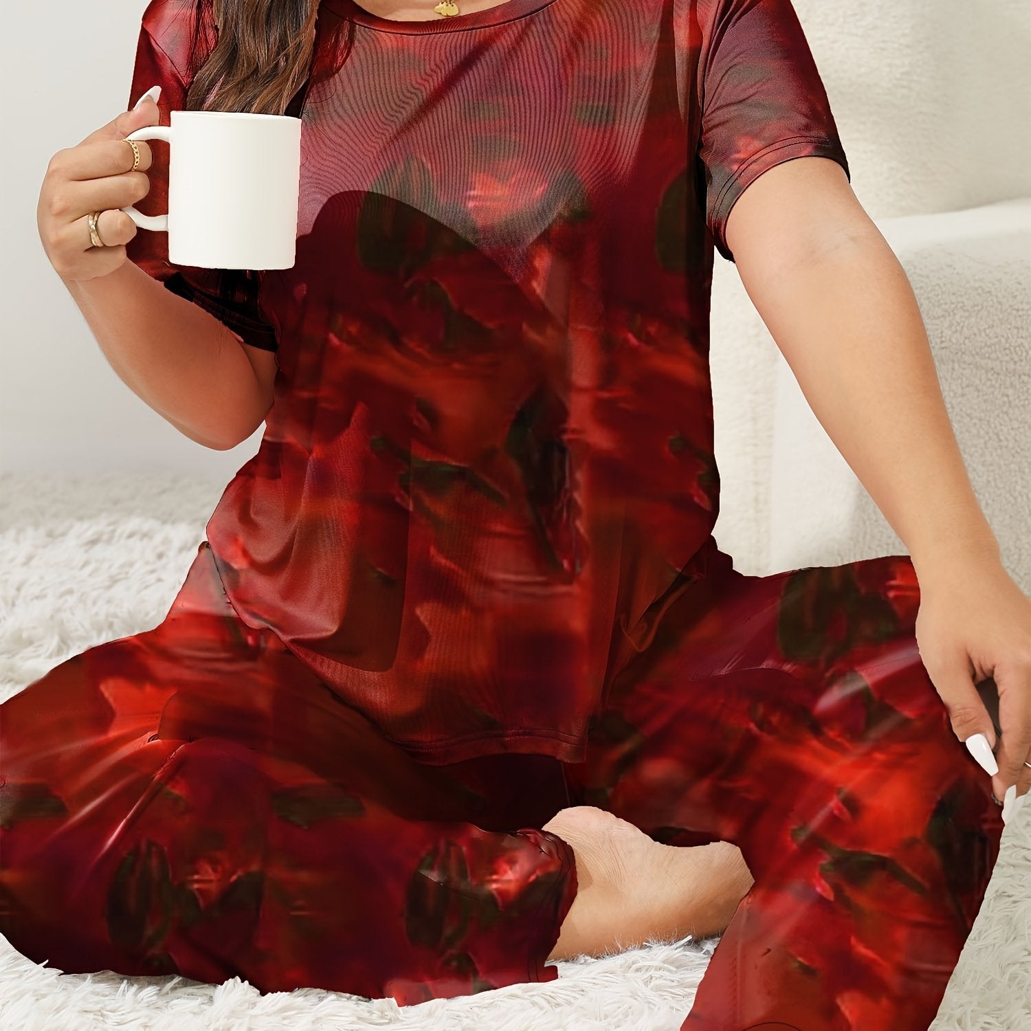 Plus Size Women's Pajama Set Polyester Knit All-Season Short Sleeve Top Long Pants Sleepwear
