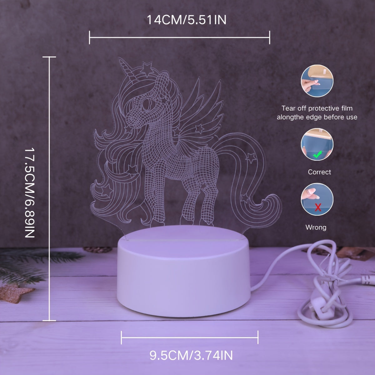 3D Unicorn Night Light USB Desk Lamp for Kids and Adults with Switch