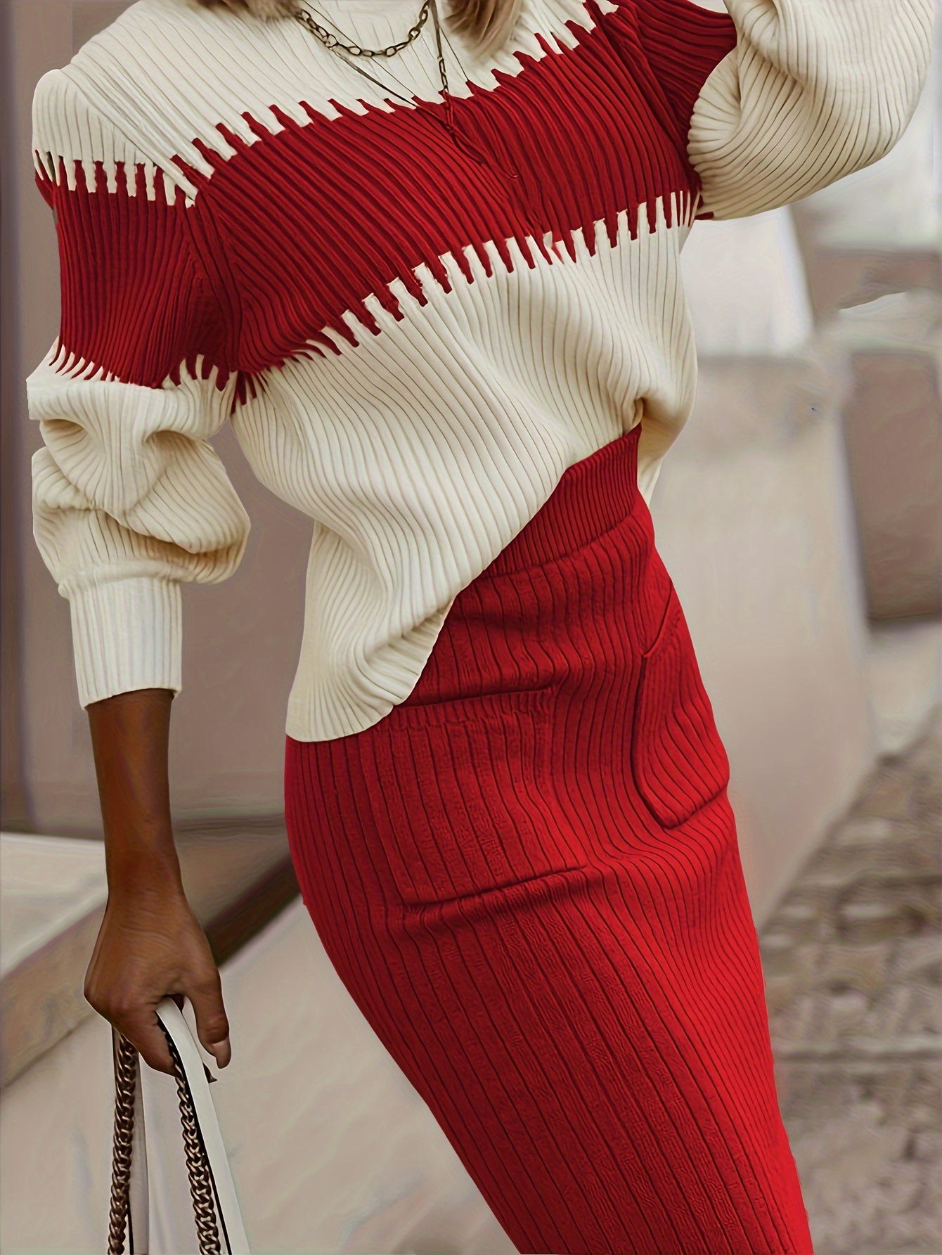 Women's Ribbed Color Block Knit Sweater and Midi Skirt Two-Piece Set