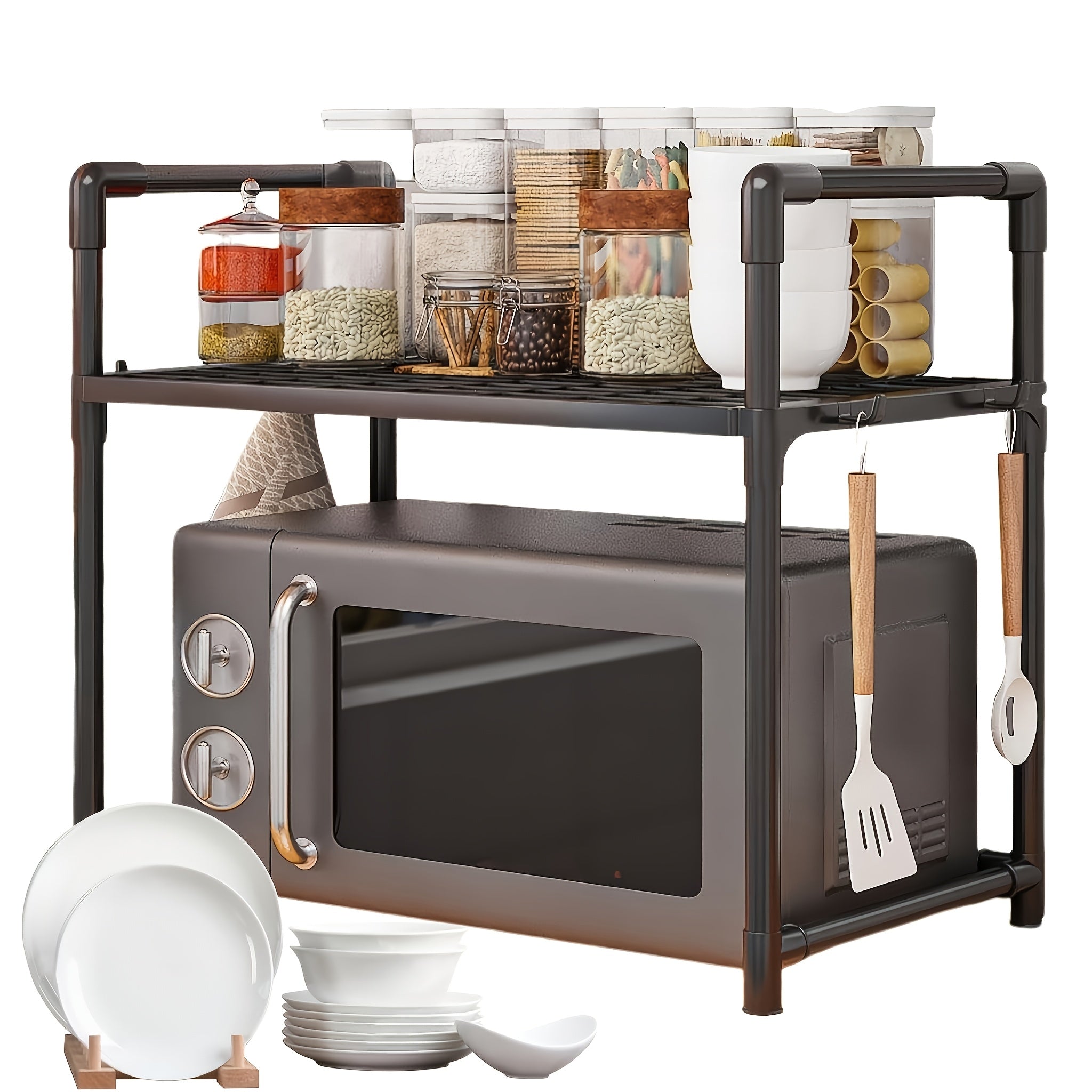 Estante de almacenamiento de plástico para cocina con ganchos, soporte para microondas, organizador para especias y utensilios