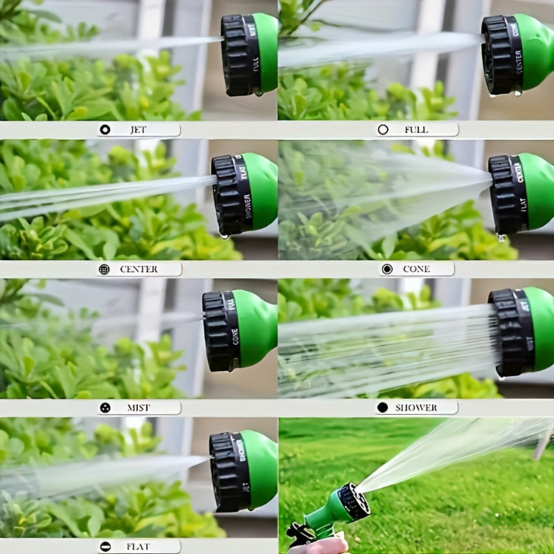Expandable Green Rubber Garden Hose 30ft with High-Pressure Spray Gun and Anti-Kink Nozzle
