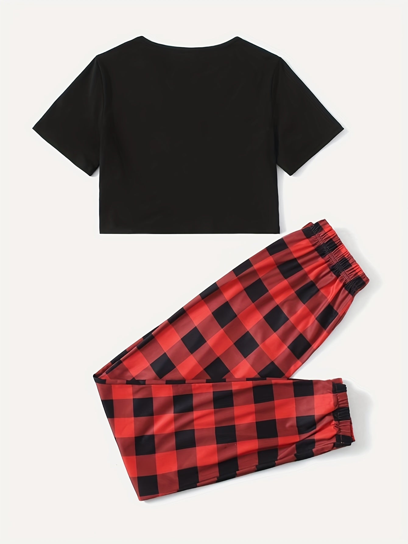 Conjunto de pijama de cuadros para mujer, camiseta de manga corta de jersey y pantalones con cintura elástica