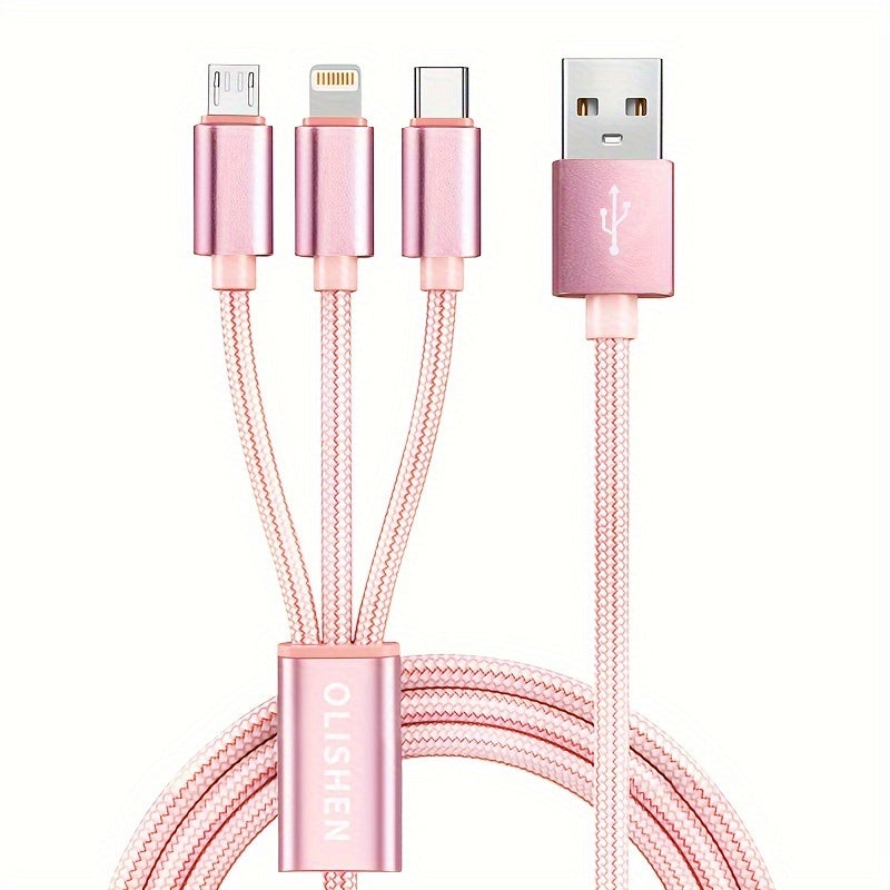 3-in-1 Nylon Braided USB Charging Cable with Fast Charging for iPhone, Samsung, Xiaomi