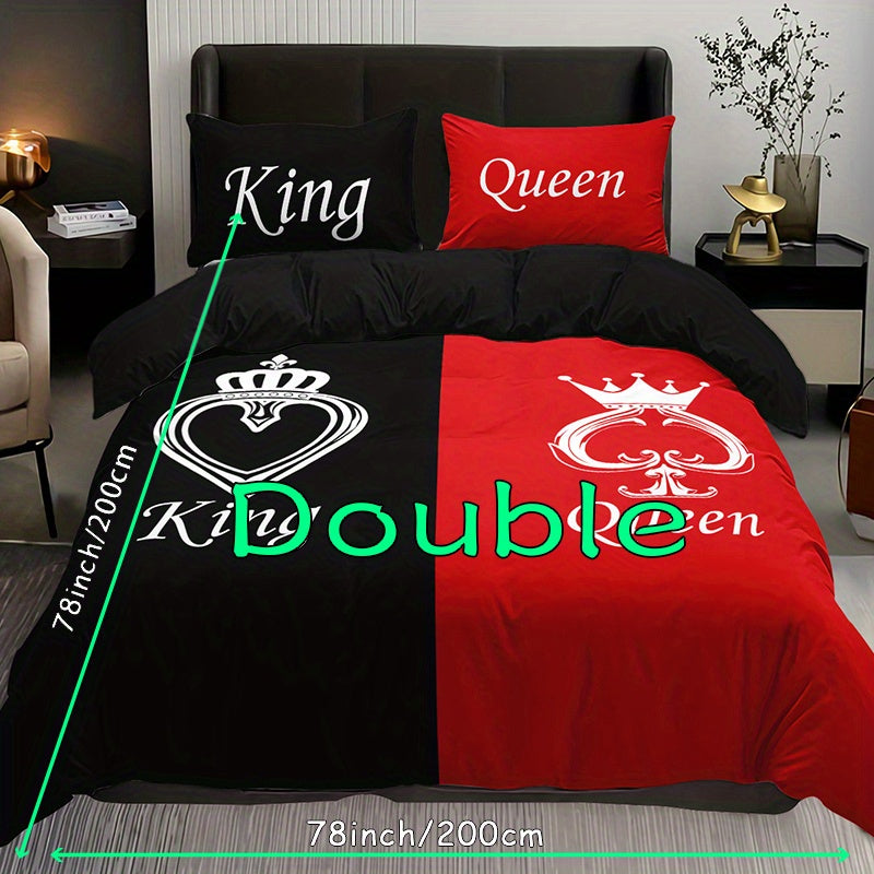 Black and Red Crown Pattern Bedding Set 3 Pieces Duvet Cover and Pillowcases
