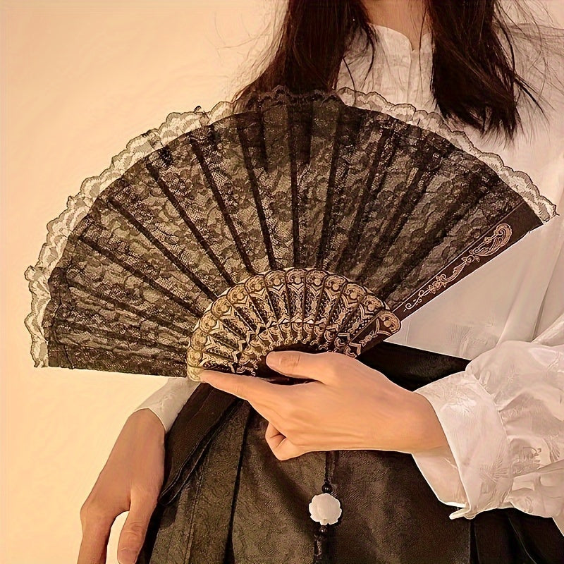 Black Lace Fan with Feathers for Cheongsam and Hanfu Stylish Retro Accessory