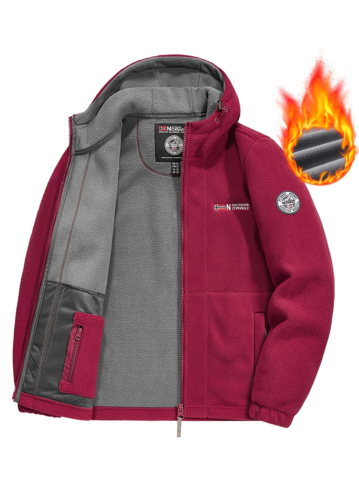 Men's Fleece-Lined Hooded Jacket Windproof Zipper Pockets Embroidered Fall Winter Outdoor