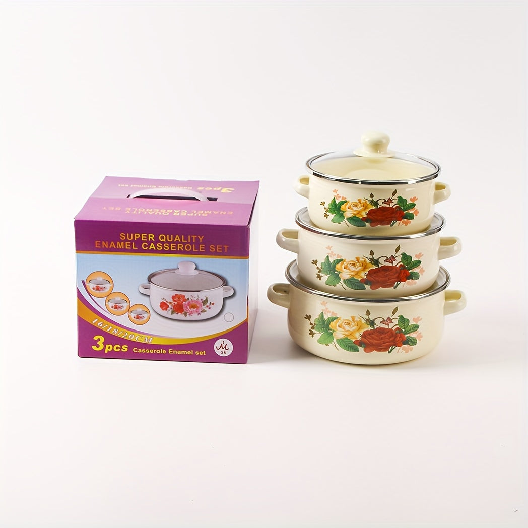 Set of 3 Enamel Cookware with Glass Lids for Soups and Stews Gas Stove Compatible