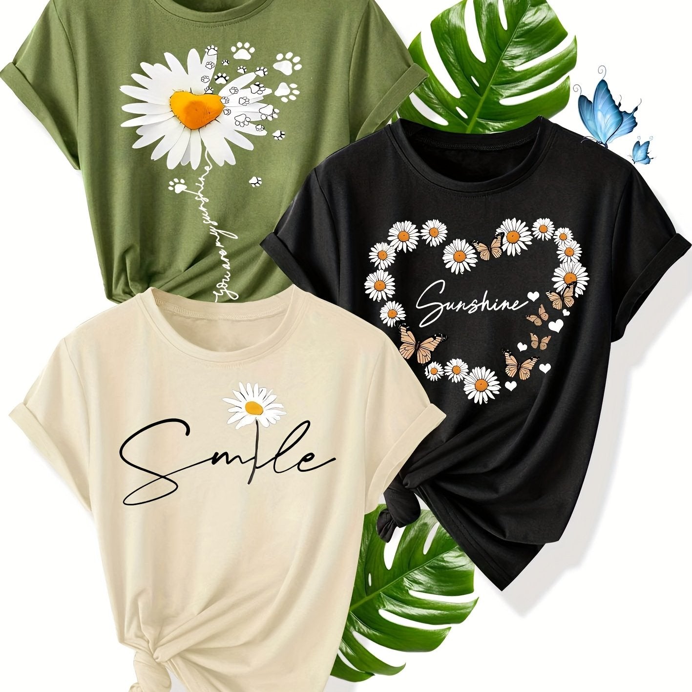 Women's Cotton Butterfly Pattern T-Shirt Summer Casual Short Sleeve