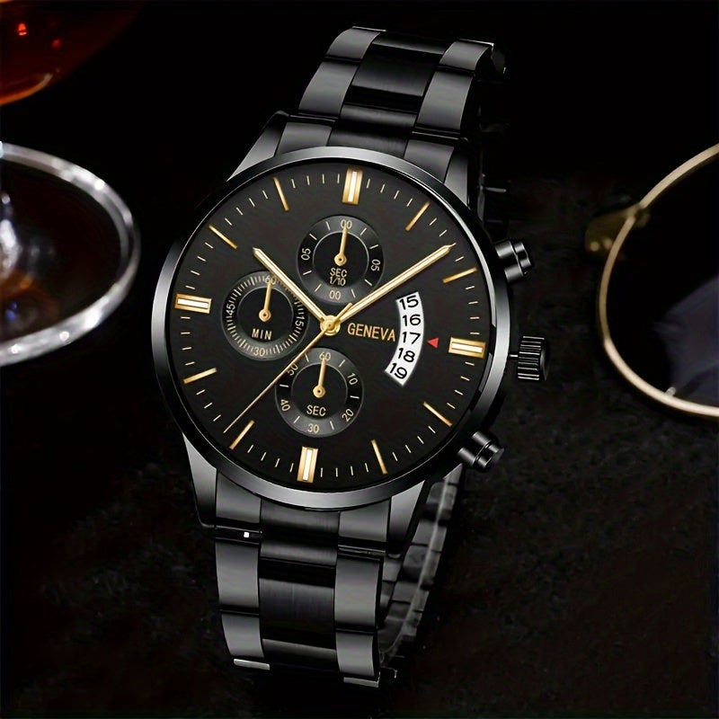 Men's Stainless Steel Quartz Watch with Calendar and Matching Bracelet Set