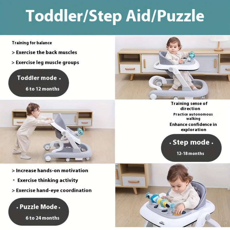Серый детский ходунок с регулируемой высотой, колесами, противоударными ножками, вспомогательным тормозом, многофункциональный обучающий автомобиль для детей от 6 до 18 месяцев, игрушка для первых шагов против опрокидывания