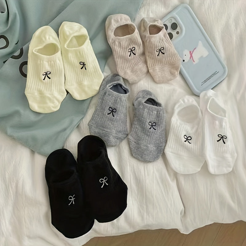 Women’s Solid Color Low Cut Invisible Socks 5 Pairs Breathable Knit