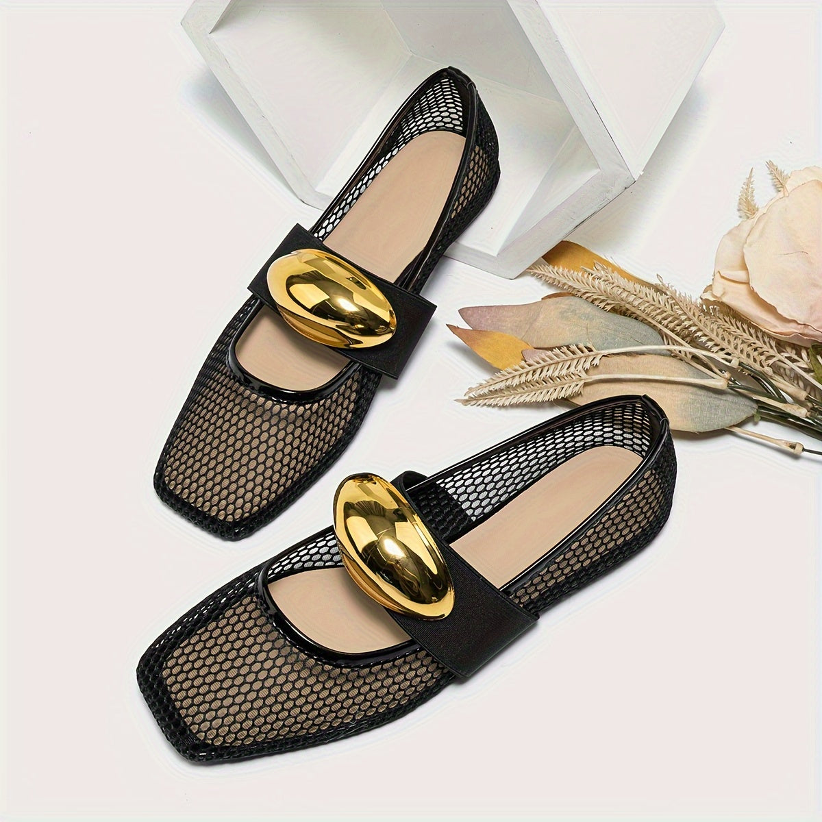 Women's Mesh Ballet Flats Hollow Metal Buckle Summer Comfortable Shoes
