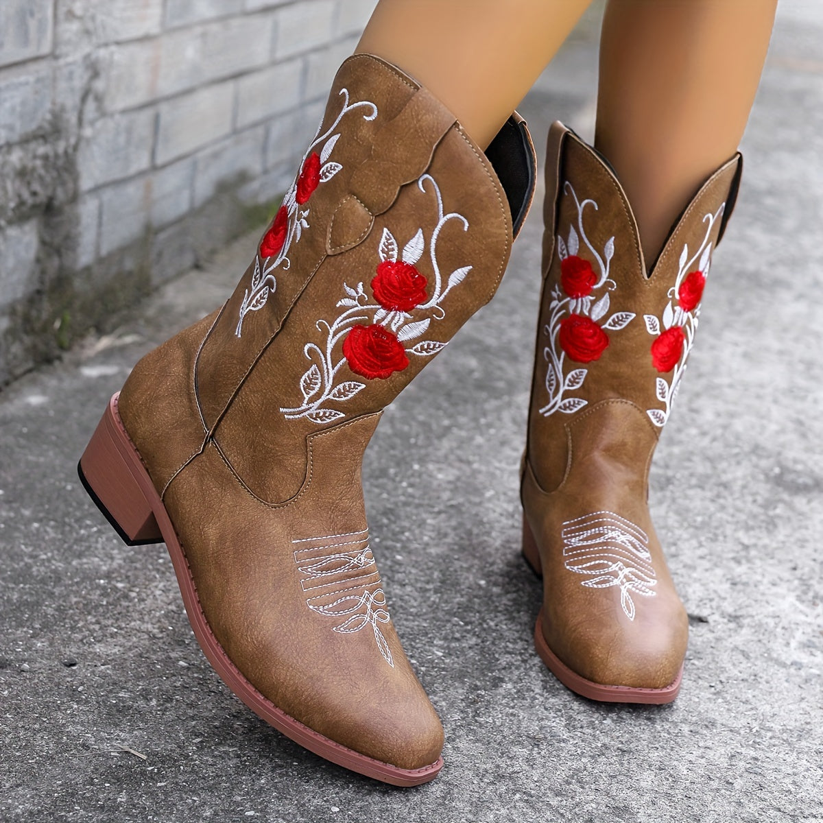 Women Embroidered Western Cowboy Boots Black Red Floral Mid-Calf Comfortable Slip-On