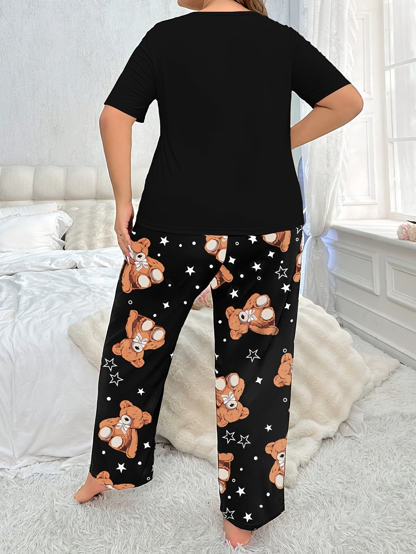 Women's Plus Size Pajama Set Short Sleeve Bear Print Stretch Knit All-Season
