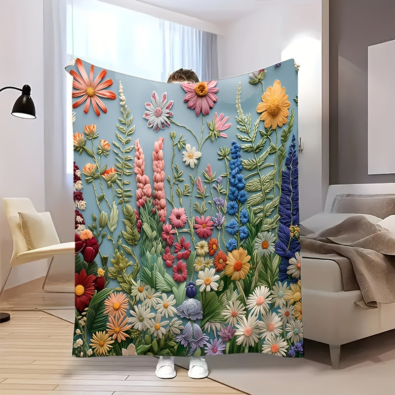 Floral Embroidered Throw Blanket Soft Cozy Flannel for Home Camping Travel