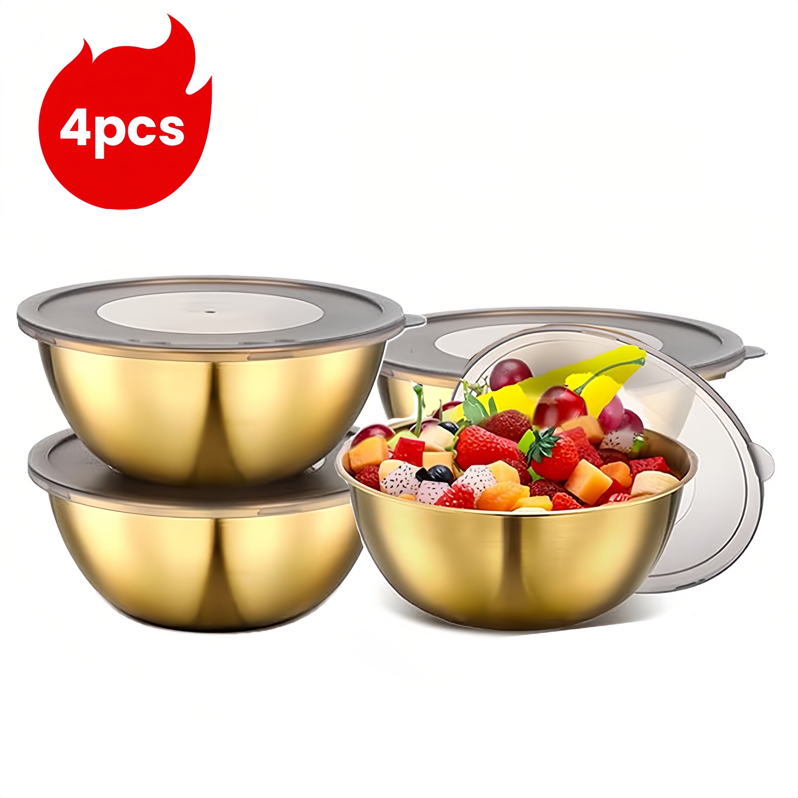 4pcs Gold Stainless Steel Mixing Bowls with Airtight Lids 17cm Salad Fruit Soup