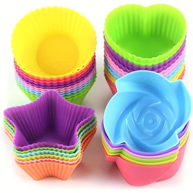 Set of 24 Silicone Cupcake Liners Nonstick Baking Cups in 4 Shapes Round Star Heart Flower