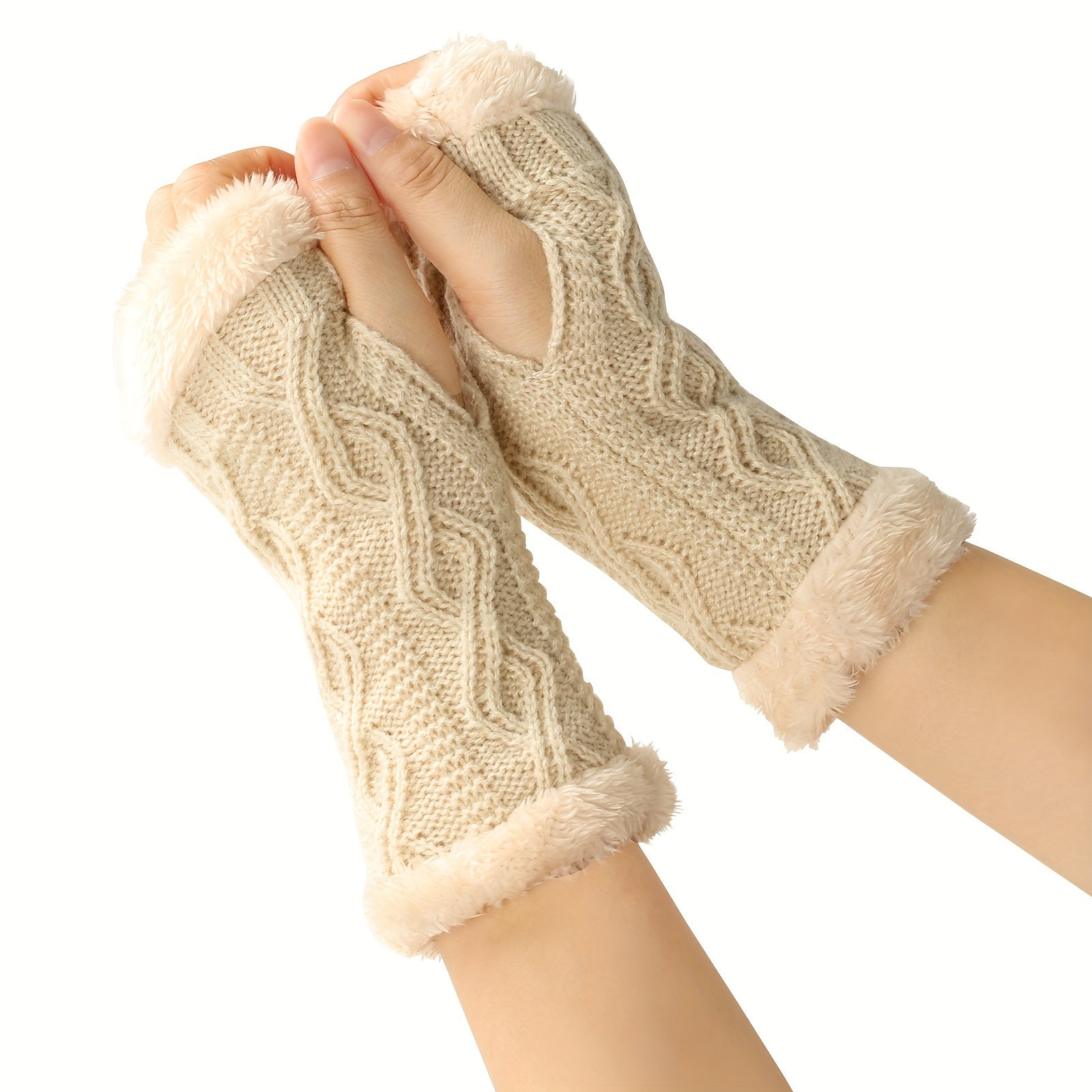 Solid Color Twist Knit Fingerless Gloves with Velvet Lining for Winter Warmth