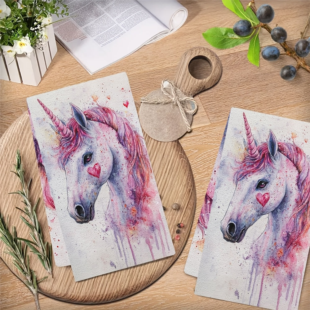 Set of 2 Soft Kitchen Towels Unicorn Love Theme 40x60cm Absorbent