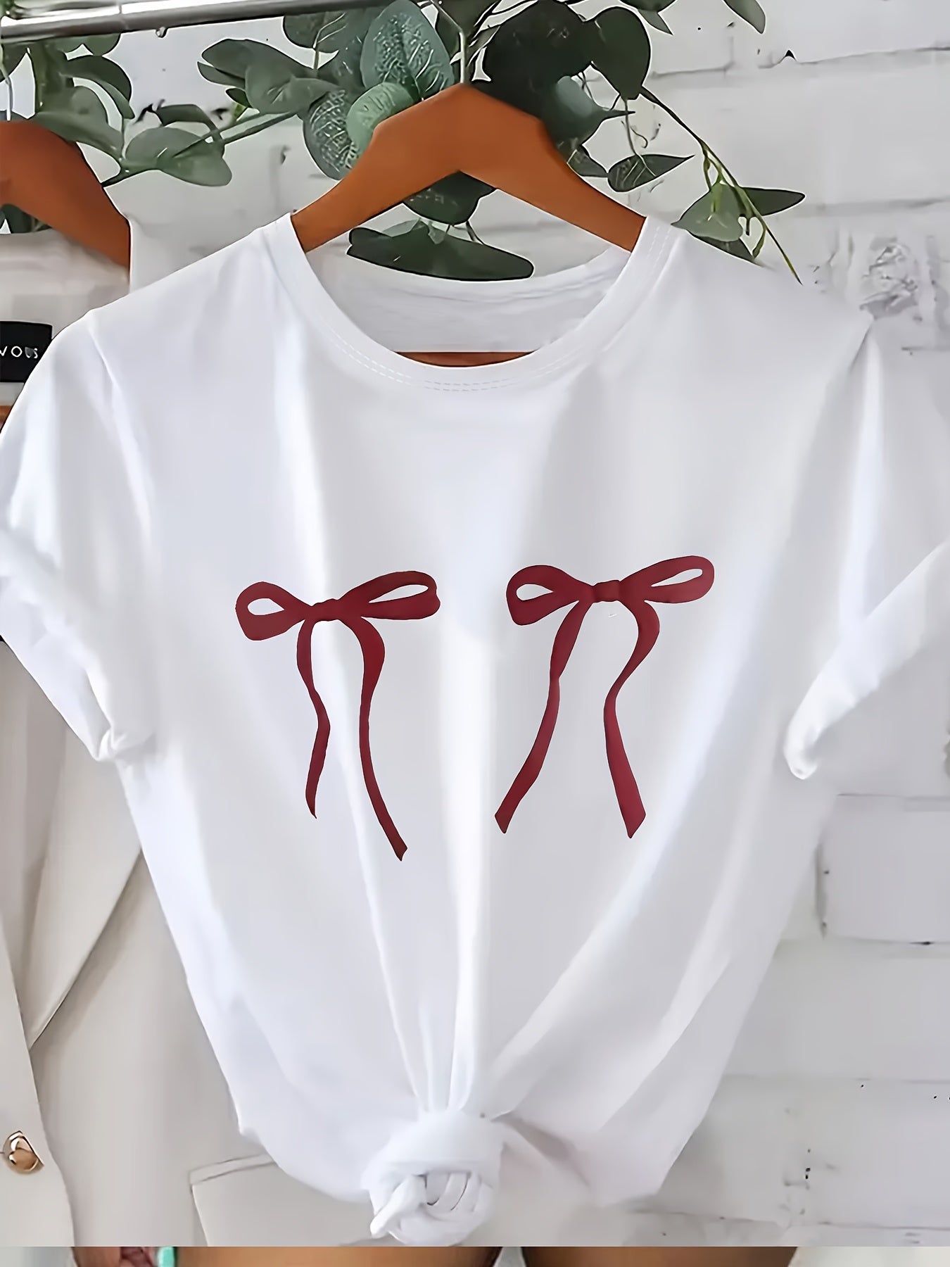 Women's Loose Cotton Bow Tie T-Shirt with Short Sleeves
