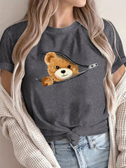 Women's Oversized Graphic T-Shirt Breathable Polyester Teddy Bear Design Loose Fit