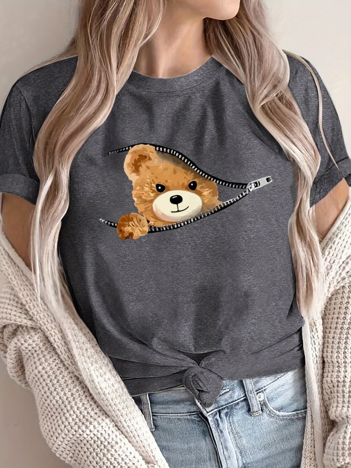 Women's Oversized Graphic T-Shirt Breathable Polyester Teddy Bear Design Loose Fit