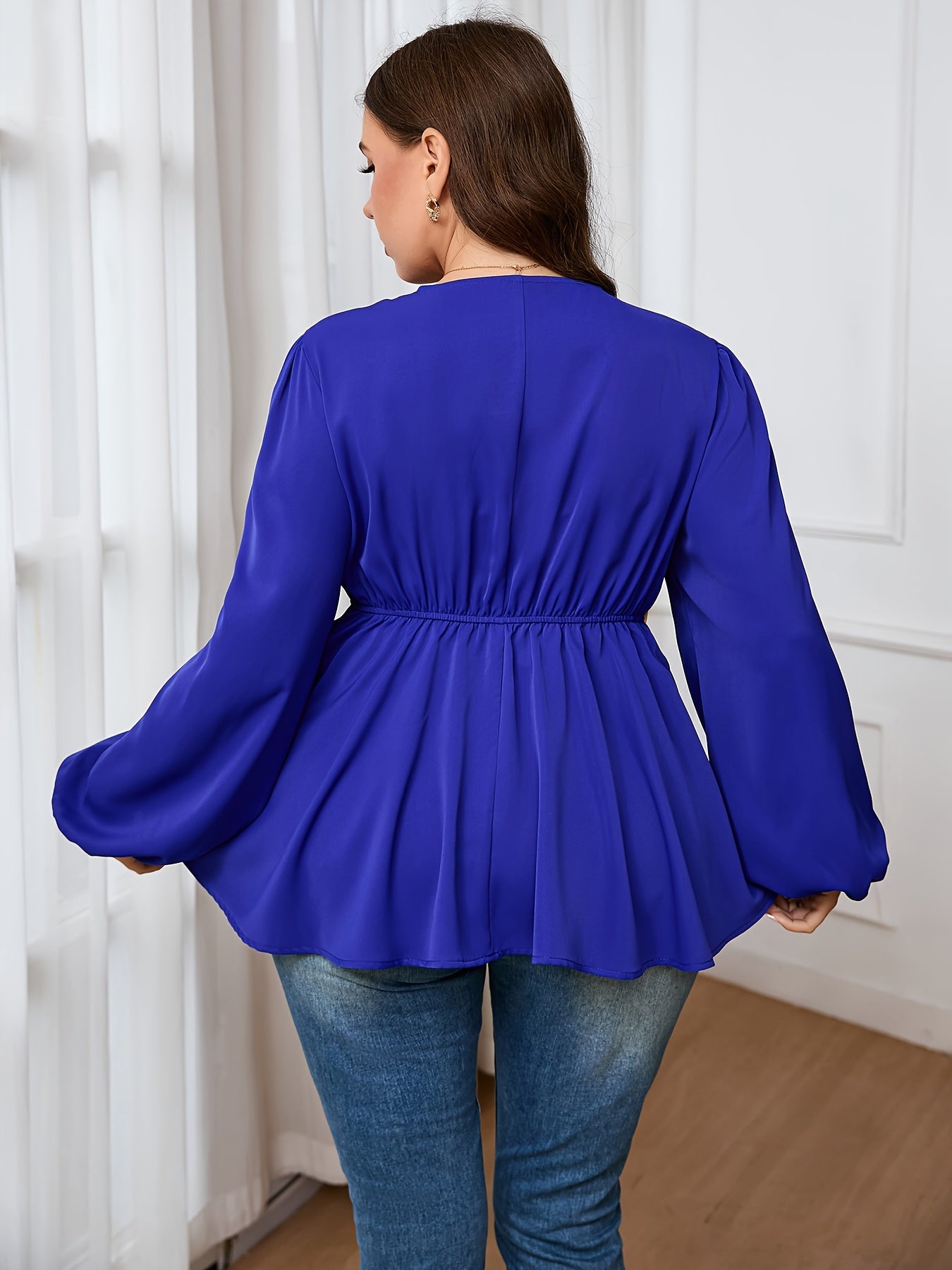 Women's Plus Size V-Neck Lantern Sleeve Blouse Stretchy Polyester Spandex