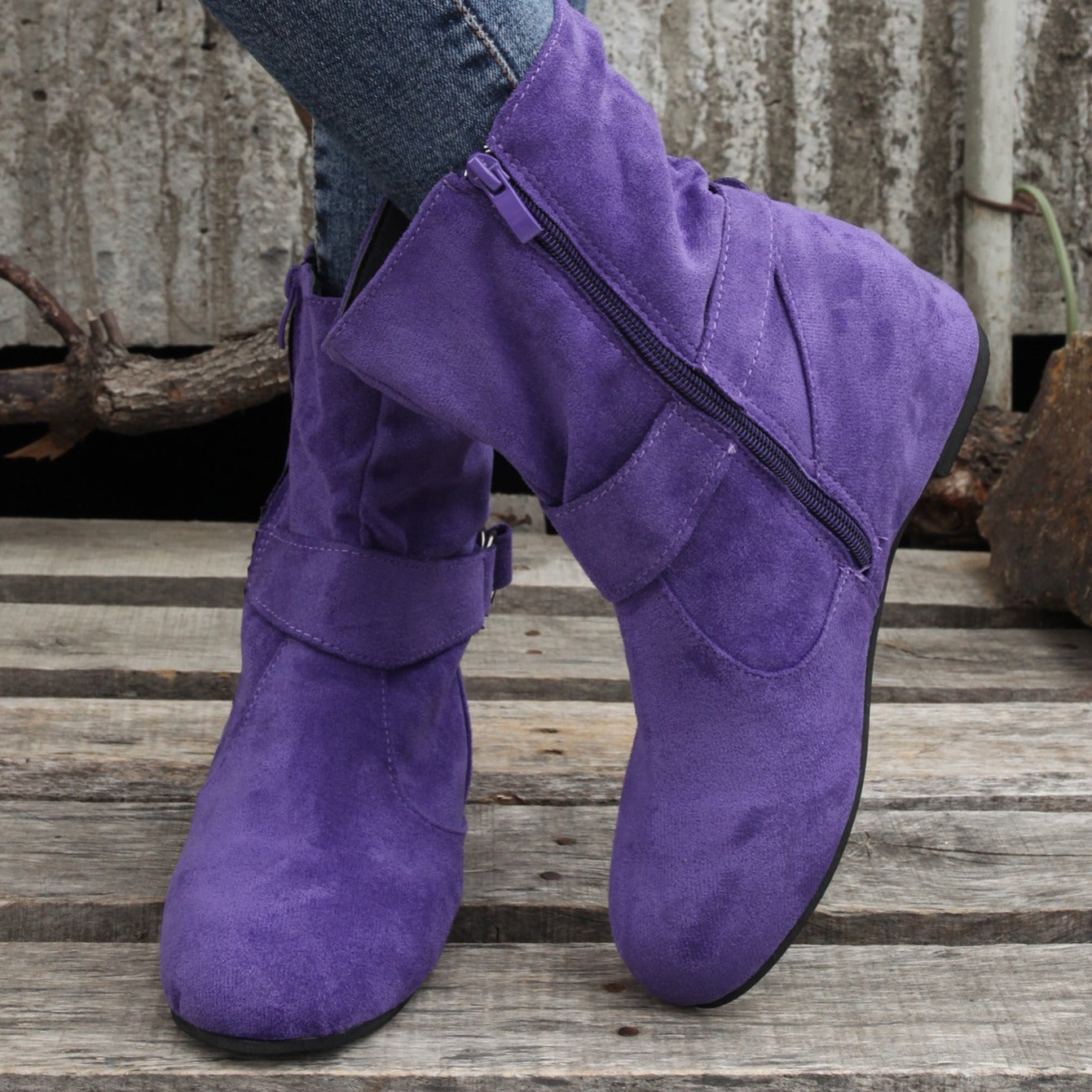 Women's Ankle Boots Solid Color Round Toe Buckle Side Zipper Outdoor Shoes