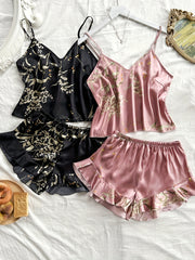 Женские пижамные комплекты из полиэстера с рюшами и принтами, 4 шт., для всех сезонов