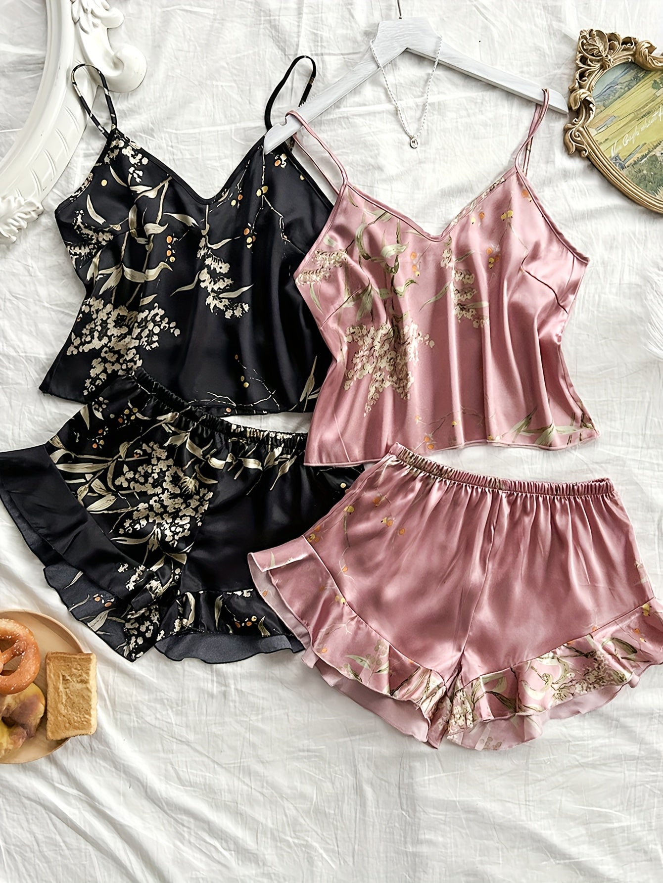 Женские пижамные комплекты из полиэстера с рюшами и принтами, 4 шт., для всех сезонов