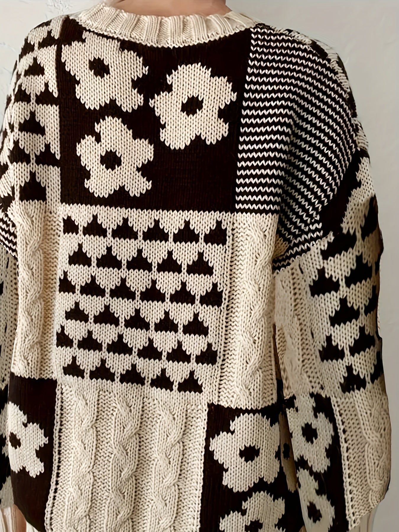 Женский свитер больших размеров с геометрическим узором, длинные рукава, круглый вырез, осень, повседневный