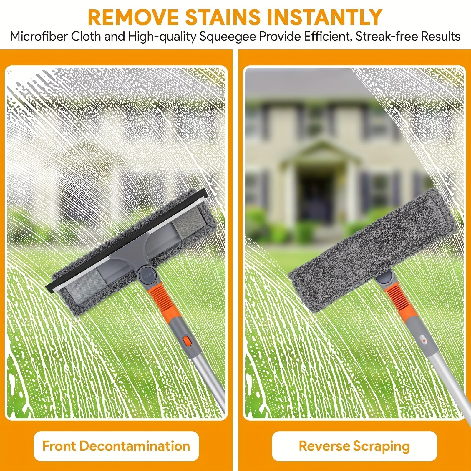 Набор для мытья окон с удлинительной штангой, оснащенный гибкой головкой, скребком и мойкой, идеально подходит для высоких окон как внутри, так и снаружи. Отлично подходит для спален, гостиных, ванных комнат и других задач по очистке стекол.