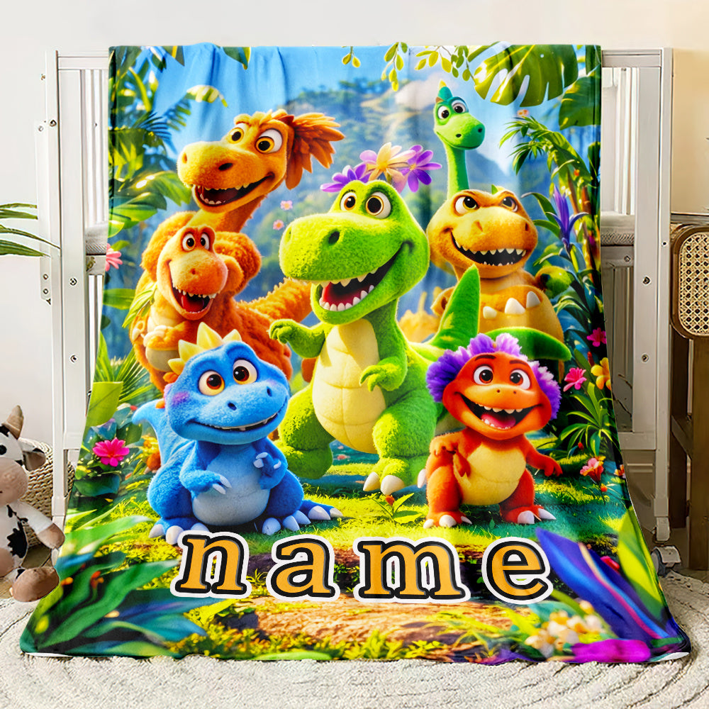 Personalized Fleece Blanket with Custom Name and Cartoon Dinosaur Print Lightweight Flannel Throw for Sofa Bed Travel Living Room Office