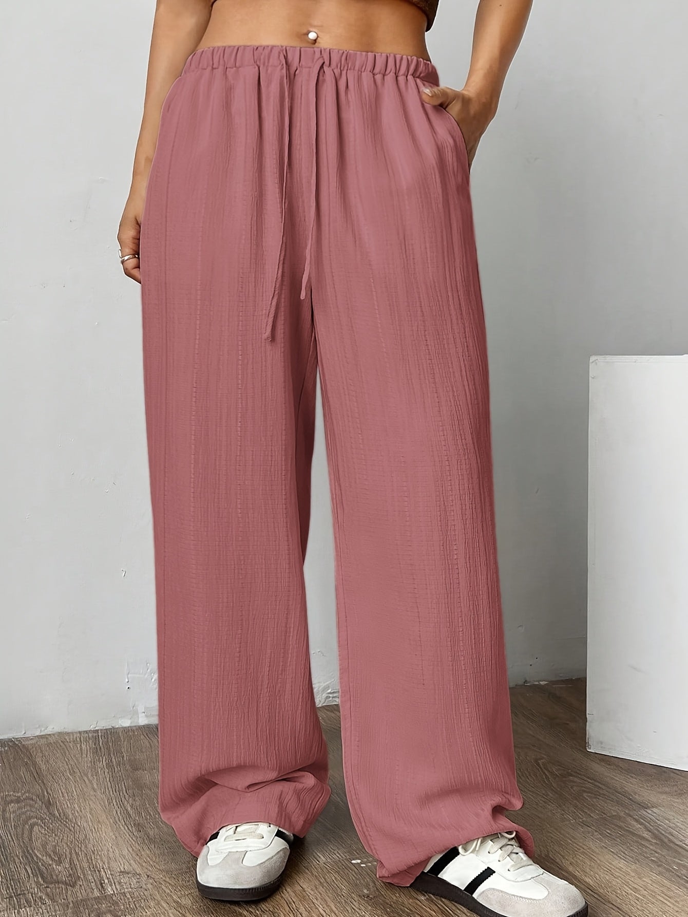 Plus Size Women's Casual Pants Polyester Pink Drawstring Straight Leg