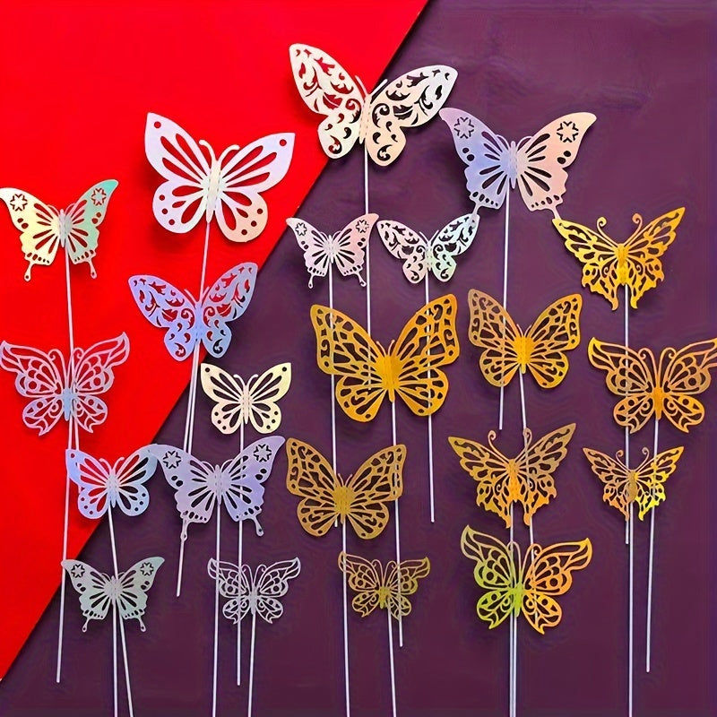 Set of 10 Gold and Silver Butterfly Cake Toppers Hollow Wall Stickers 3D Decorations
