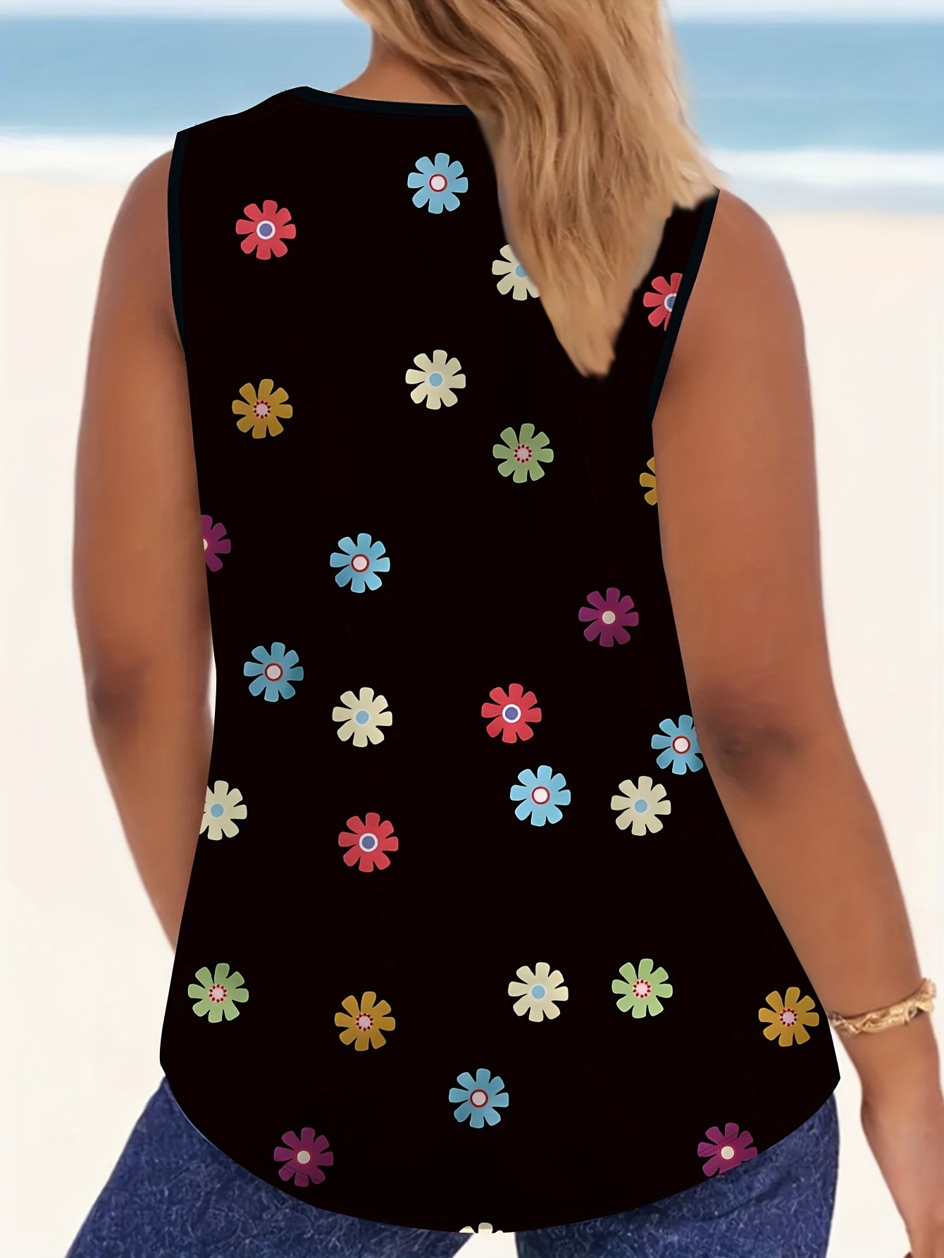 Plus Size Women's Floral Print Round Neck Top Polyester Spandex Black All-Season