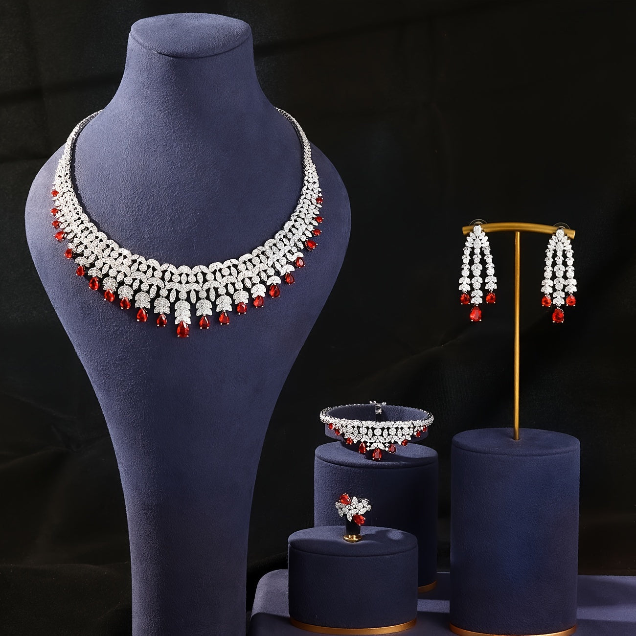 White Cubic Zirconia Bridal Jewelry Set Necklace Earrings Ring Gold Plated Wedding Accessories