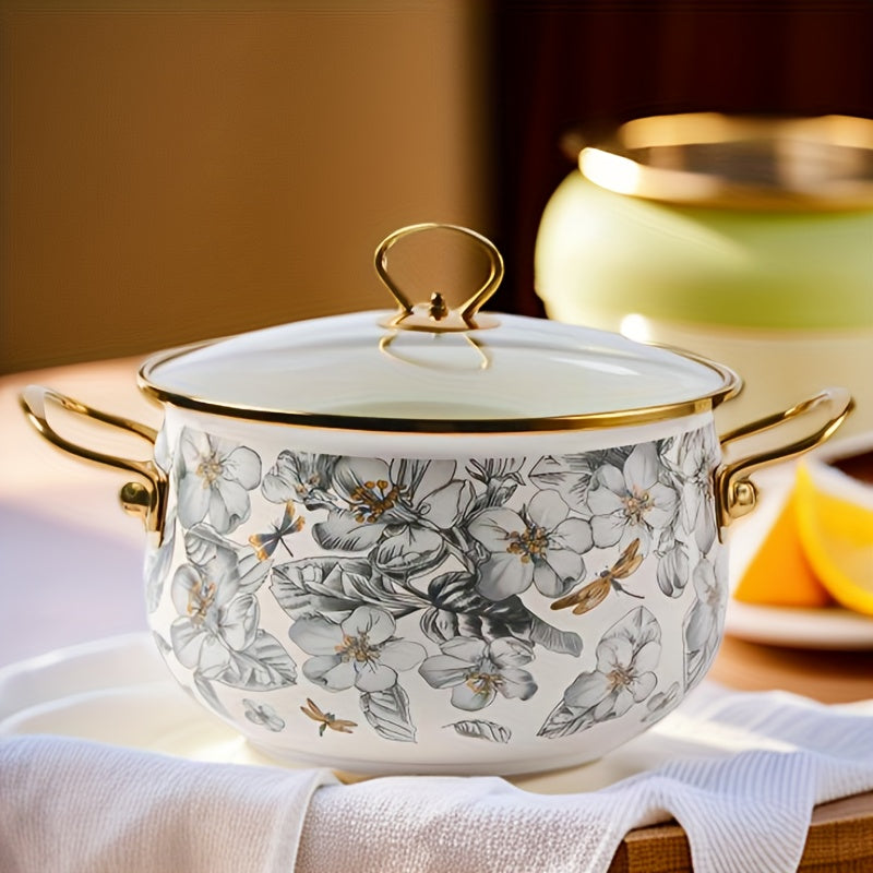 Enamel Soup Pot with Golden Trim, Dragonfly and Floral Design, 3 Quart