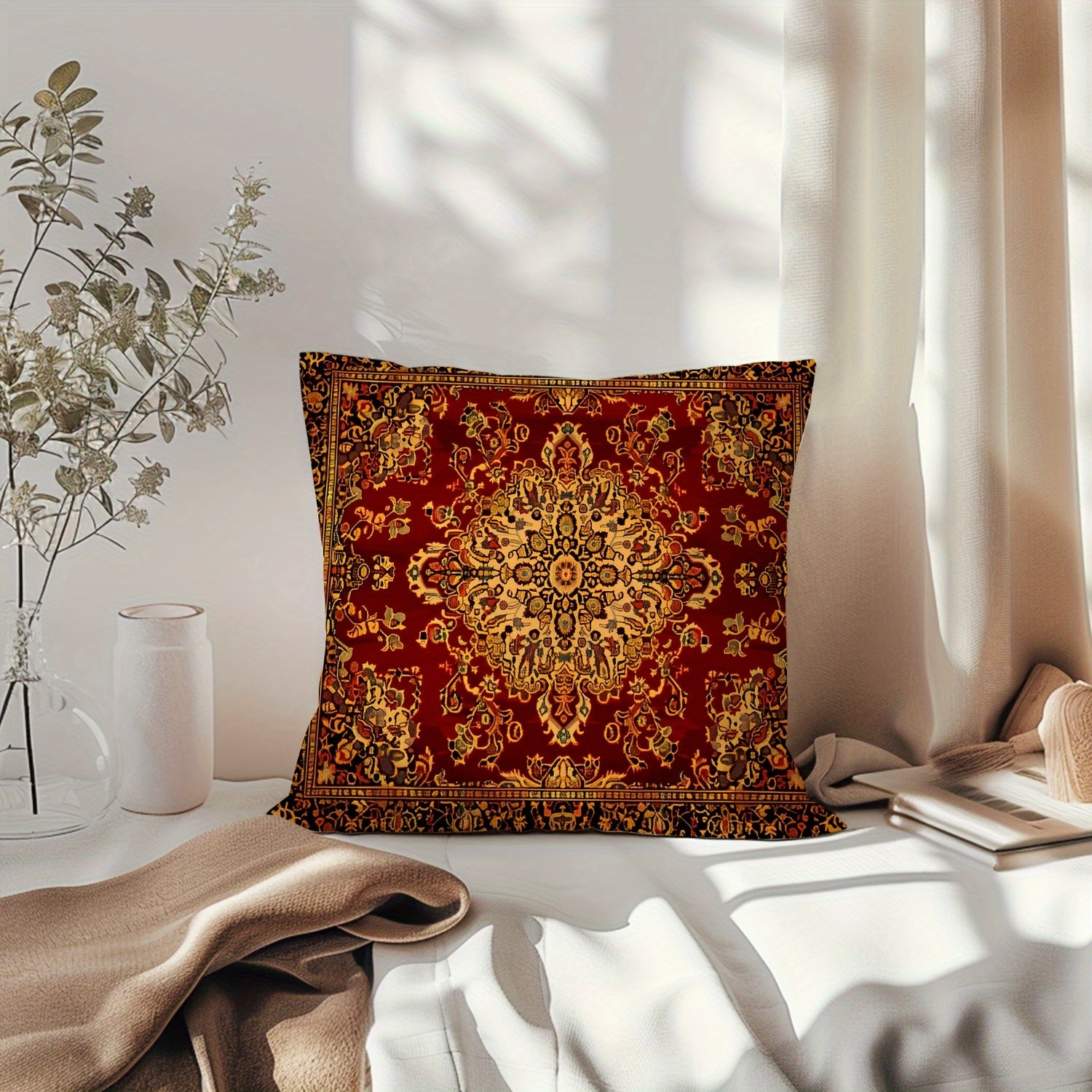 Geometrik qizil qabilaviy bosma yostiq qopqog'i ikki o'lchamda, yashash xonasi yoki yotoqxona uchun uy bezaklari uchun mukammal. Yostiq ichki qismi kiritilmagan.