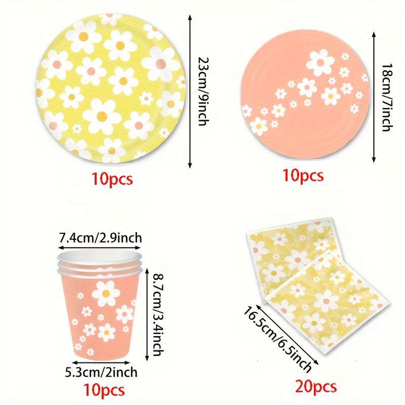 Одноразовый набор посуды с тематикой ромашки, 10 предметов: тарелки, чашки, салфетки, украшения для вечеринки