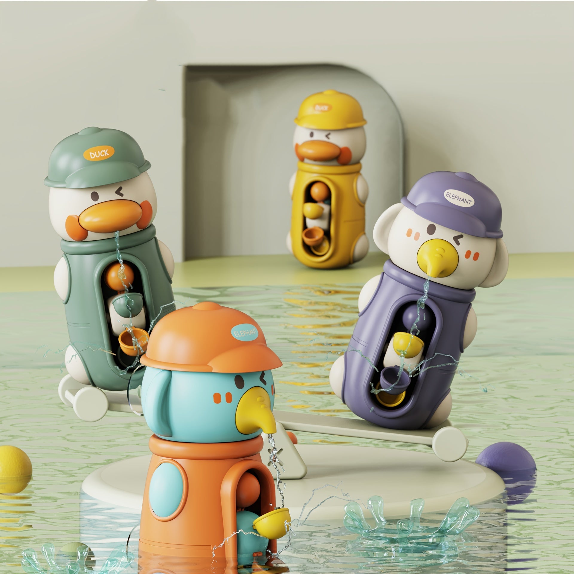 Bath Toys for Children 18M+ Duck and Elephant Waterwheel Spinner Suction Cup