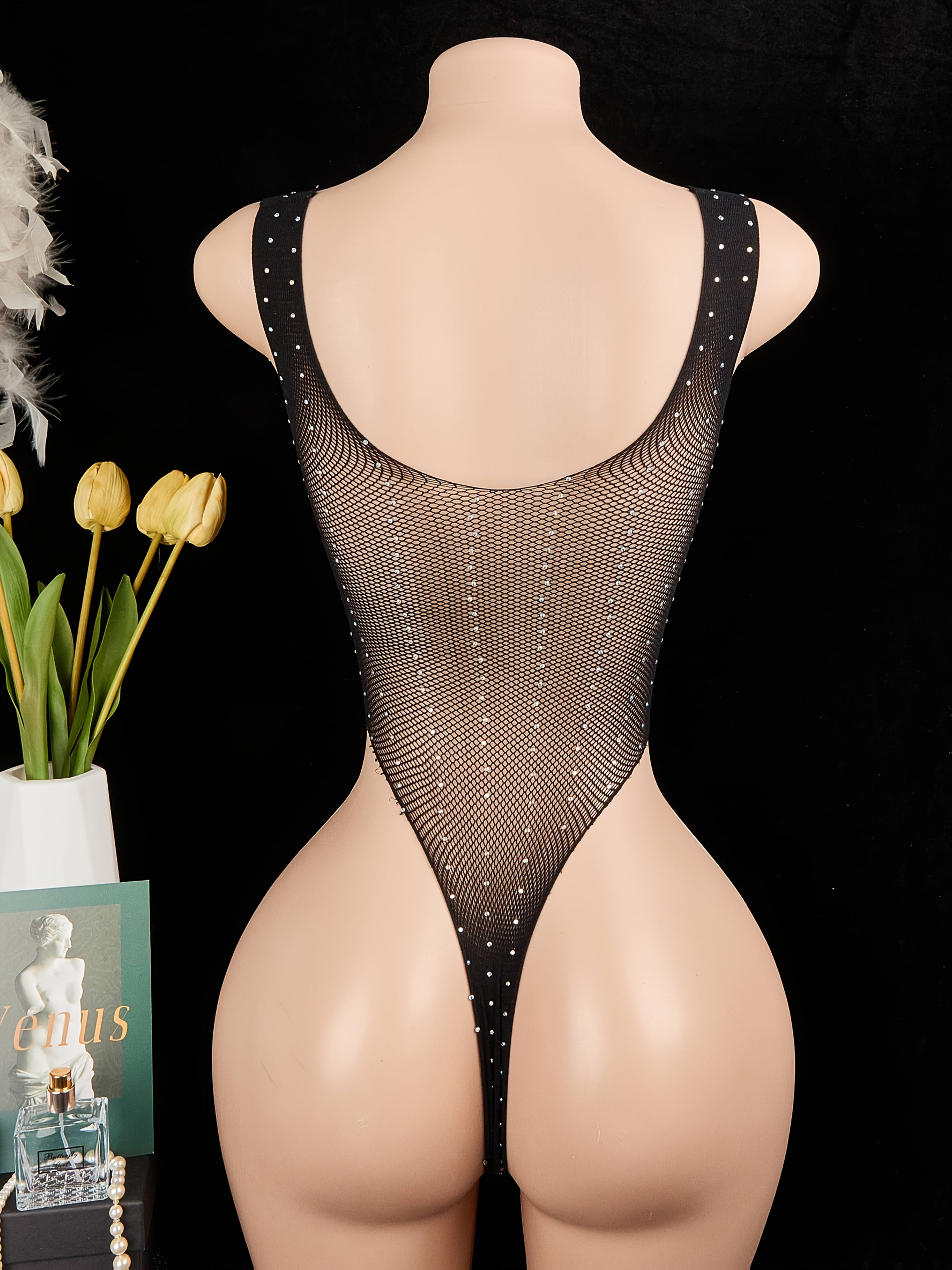Women's Sheer Lace-Up Rhinestone Backless Jumpsuit Lingerie