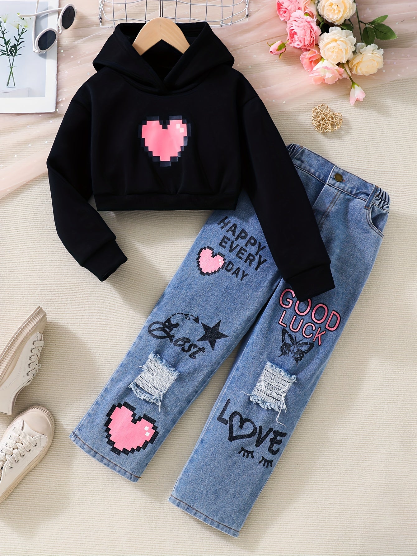 Girls' 2-Piece Set Hoodie and Jeans for Girls 12 and Under Fall Winter Casual