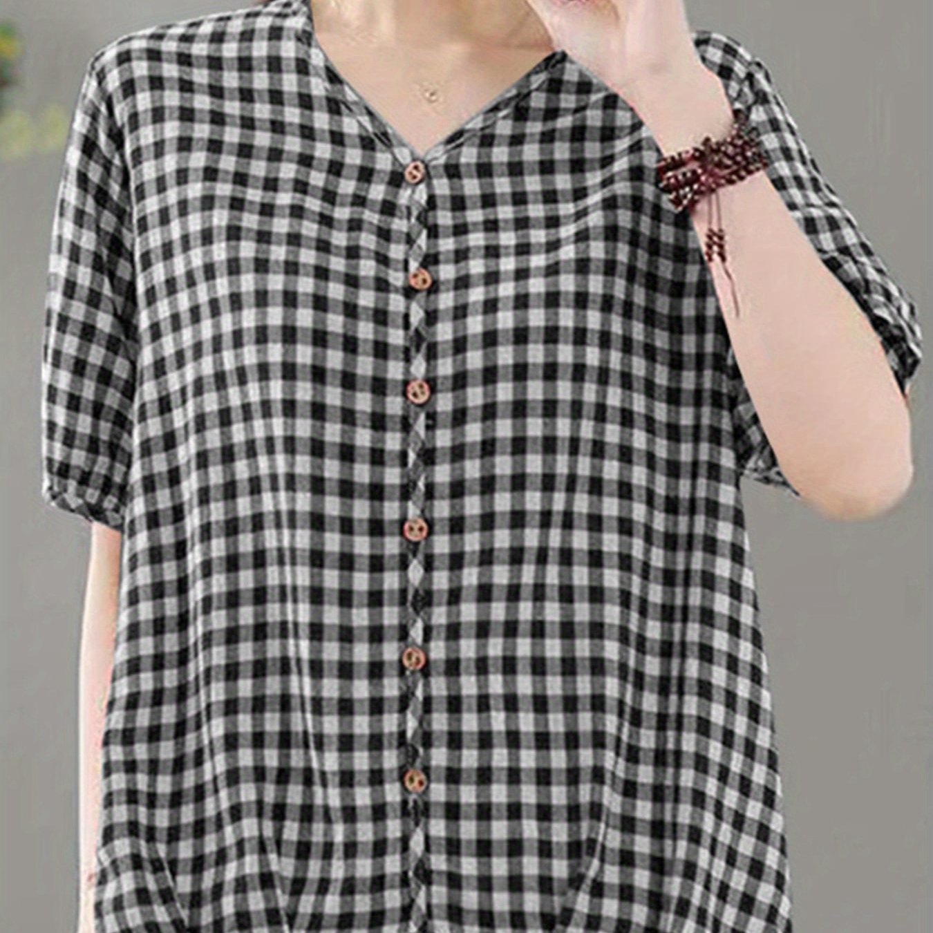 Plus Size Women's Checkered Print Short Sleeve Blouse Casual V Neck Top