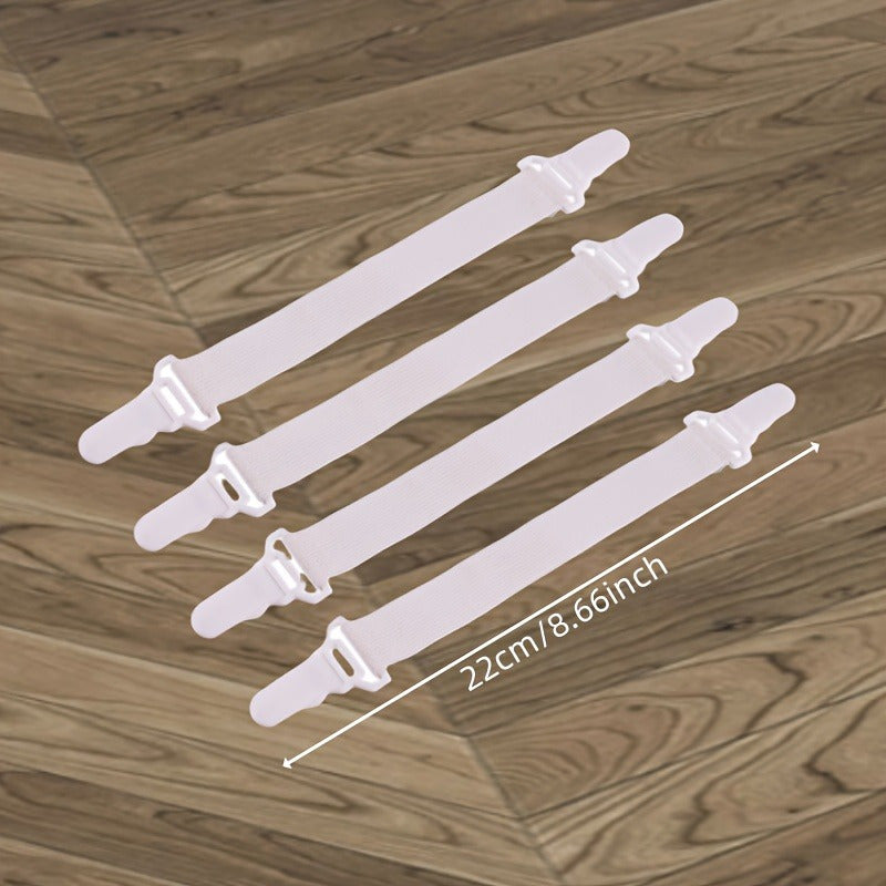 Set of 4 White Elastic Sheet Straps with Clips for Bedding and Mattress Securement