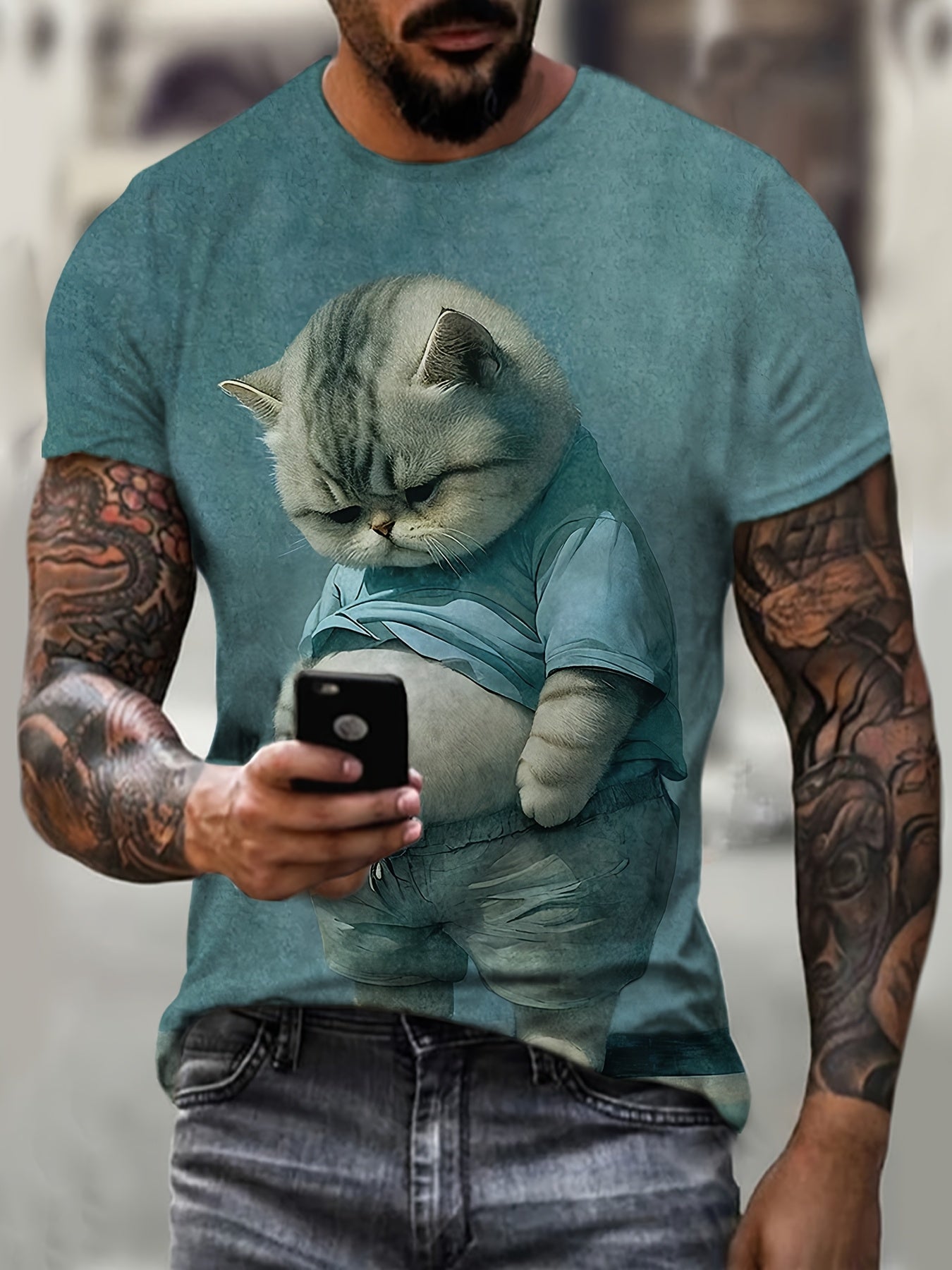 Men's Casual Round Neck T-Shirt with Chubby Cat Print, Short Sleeve, Polyester