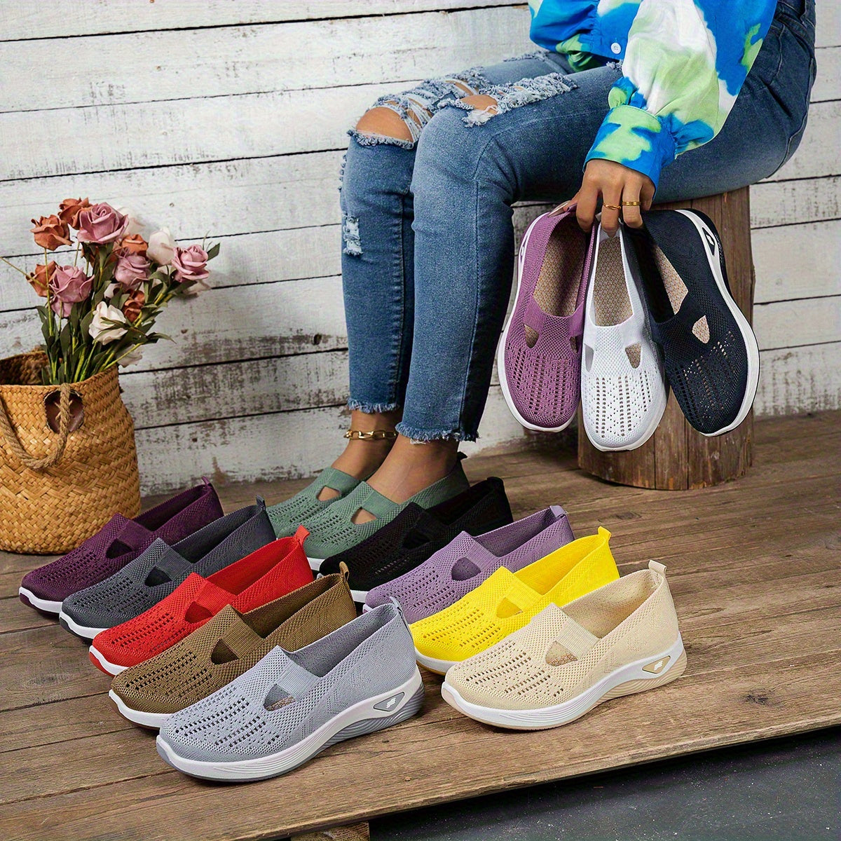 Ayollar uchun nafas oladigan tarmoqli slip-on sport poyabzali, engil yurish uchun, rezina taglik