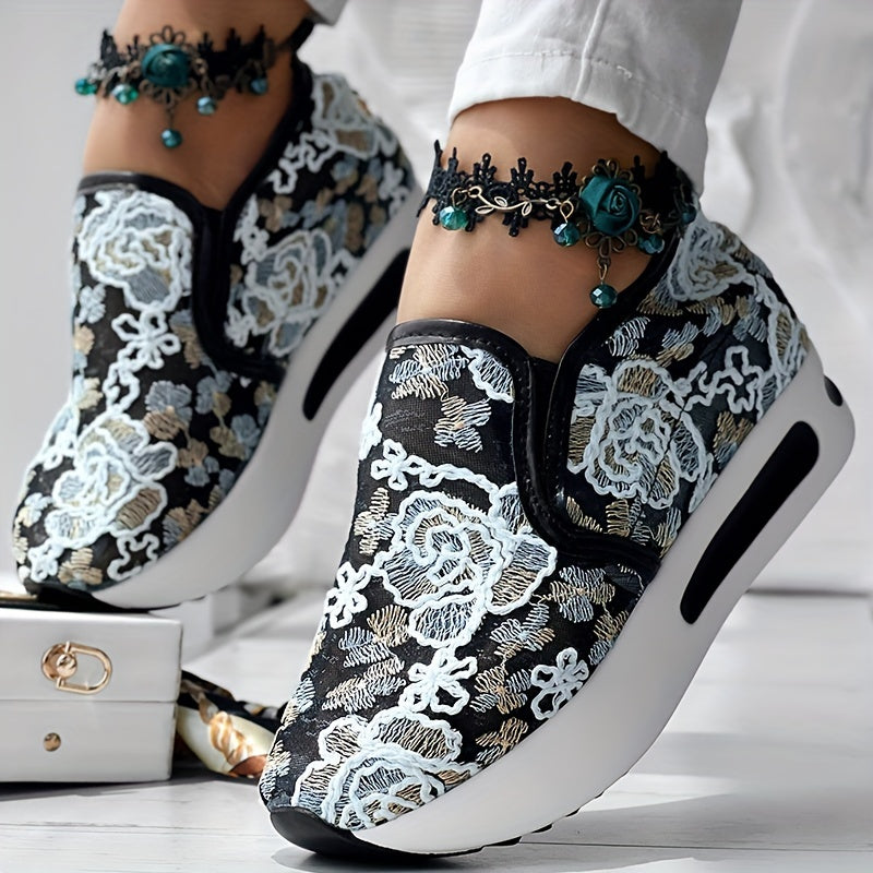 Women’s Colorful Embroidered Floral Slip-On Sneakers Breathable Fabric